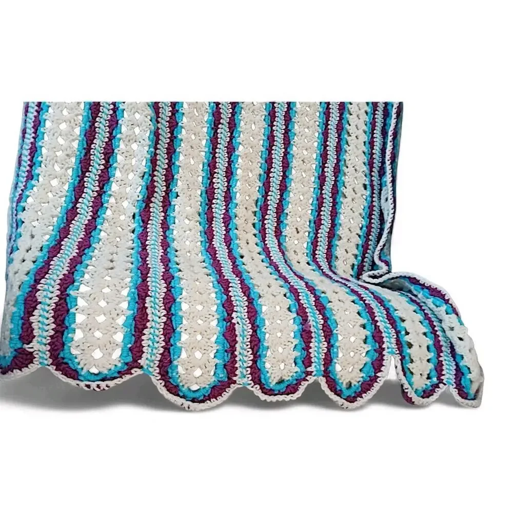 VNT Crochet Blanket Throw Afghan 68.x37 Blue White Stripes Scallop Hippie Granny